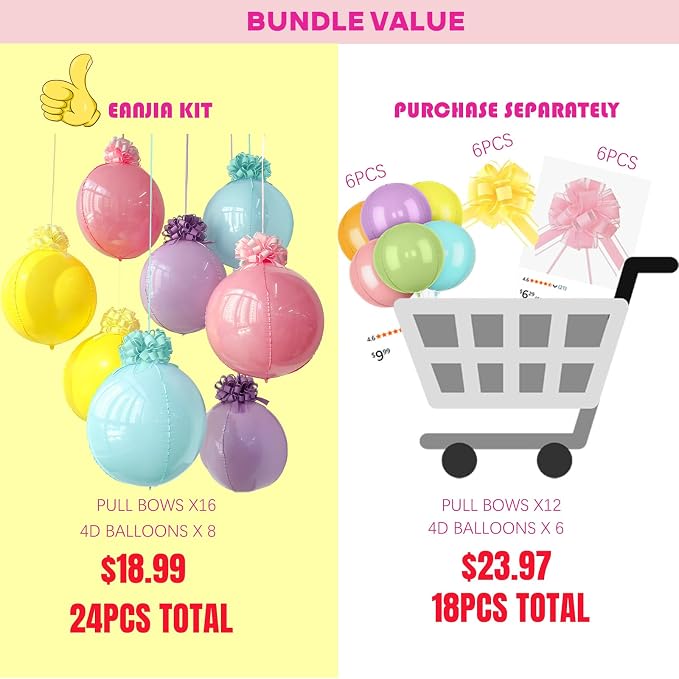 8pack Pastel Rainbow 4D Orb Ornament Balloons with 16 Pull Ribbon Gift Bows –Total 24pcs Macaron Decor Ceiling Hanging Balloon Set for Unicorn Birthday Baby Shower & Spring Tea Party Decor