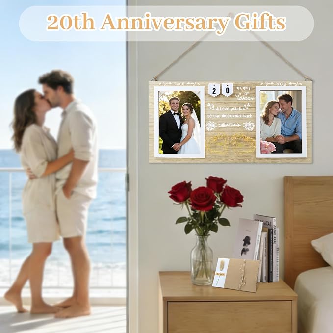 Then & Now Anniversary Picture Frame – Anniversary Wedding Gift for Couple & Parents, 1–99 Years Double 4x6 Picture Frame with Number Cards & Greeting Card (Natural Wood Color)