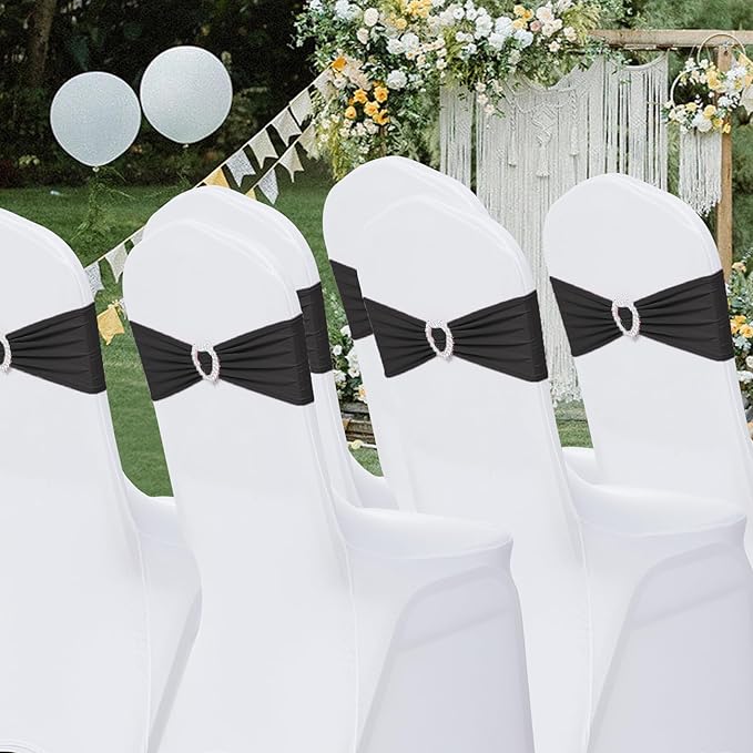 Howhic Pack of 60 Spandex Chair Sashes Bows Stretch Chair Cover Band with Buckle Slider Universal Elastic Chair Ties for Wedding Banquet Party Event Decoration (Black)