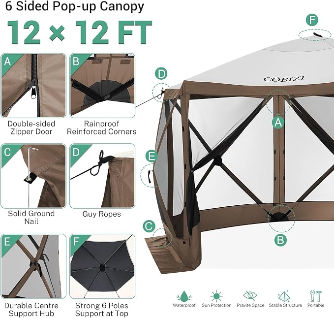 COBIZI 12x12 FT Pop Up Canopy Shelter Tent, Large Gazebos On Clearance with Sidewalls, Screened in Gazebo, Screen Tents Portable carpas para Patio for Outdoor Camping, Backyard, Garden, Beach,Brown