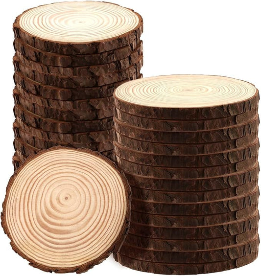 JAPCHET 30 Pack 5-5.5 Inch Natural Wood Slices, 0.4 in Thick Wooden Circle with Bark, Unfinished Wood Log Discs for Christmas and Wedding Decorations