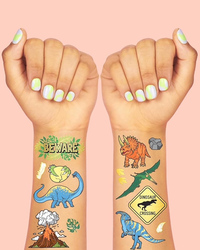 xo, Fetti Dinosaur Temporary Tattoos - Gold Foil, 44 pcs | Kids Jurassic Birthday Party Supplies, Dino Party Favor, T-Rex Fossil Decorations