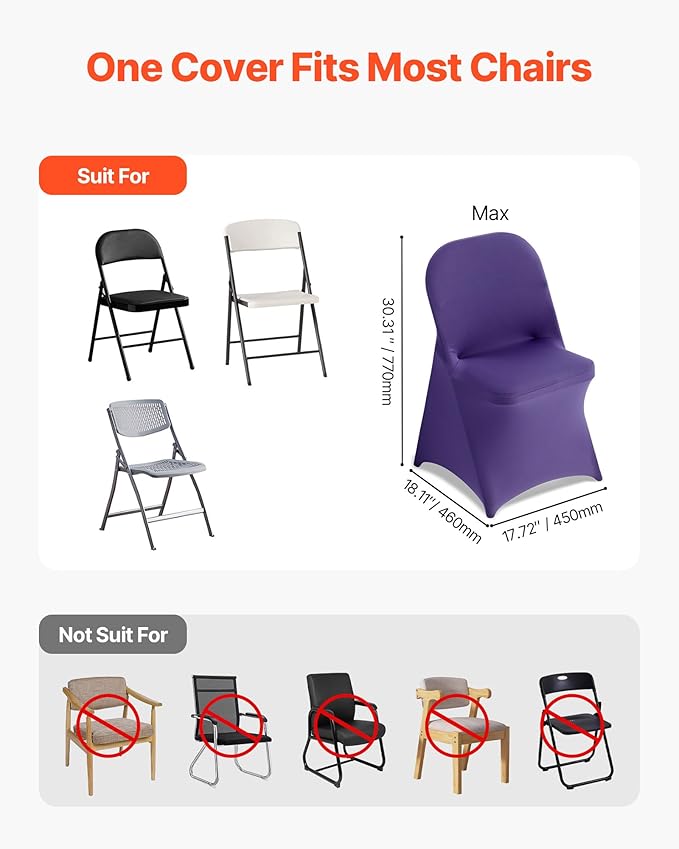 VEVOR Chair Covers, Polyester Spandex Chair Cover, Stretch Slipcovers for Wedding Party Dining Banquet Flat-Front Chair Covers (Purple-c, 50PCS)