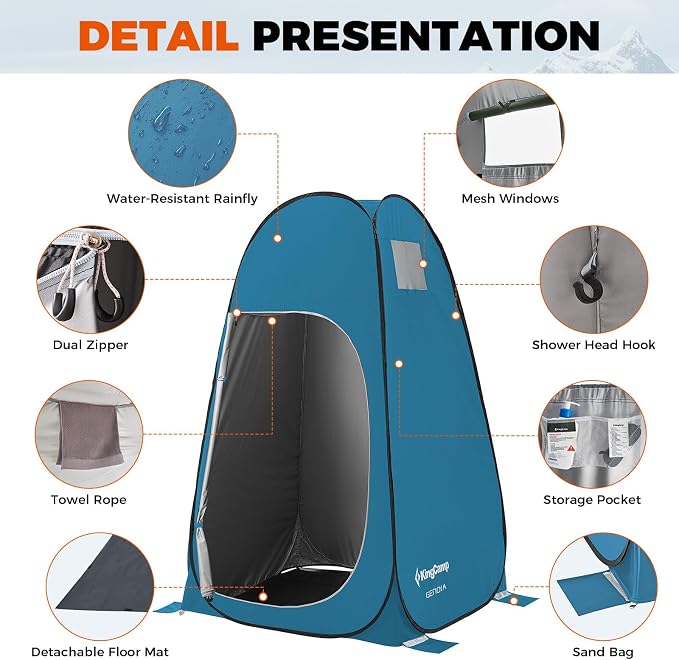 KingCamp Camping Shower Tent, Portable Outdoor Privacy Toilet & Changing Tent Windproof & Waterproof Easy Setup Shelter with Shower Bag for Camping Hiking Beach