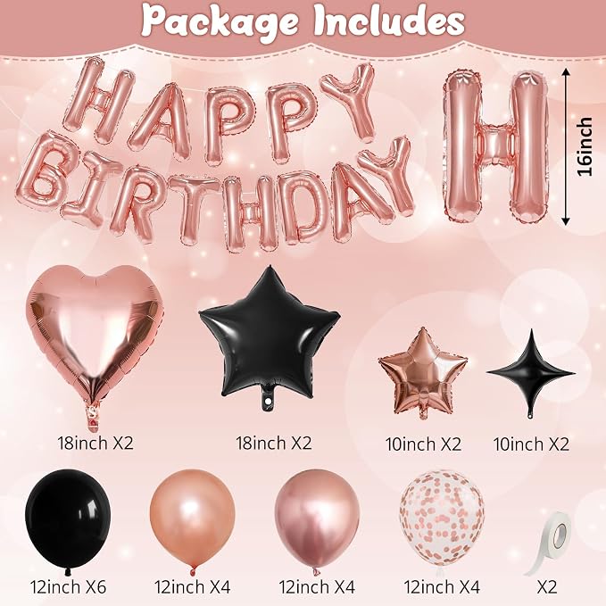 Rose Gold and Black Birthday Decorations for Women Black Pearl Rose Gold Metallic Party Balloons Confetti Balloon Happy Birthday Banner Heart Balloons 18/10 Inch Star Balloon for Bday Party Supplies