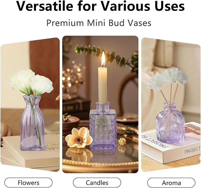 RUCKAE Glass Bud Vases Mini Flower Vase Small Vintage Vases for Centerpiece Table Wedding Decorations Home Decor Party(Purple 22 Pack)