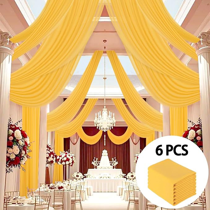 DUOBAO 6 Panels Elegant 5ft x 30ft Gold Chiffon Wedding Ceiling Backdrop Curtains - Sheer Drapes for Stage, Tent, and Photo Backdrops