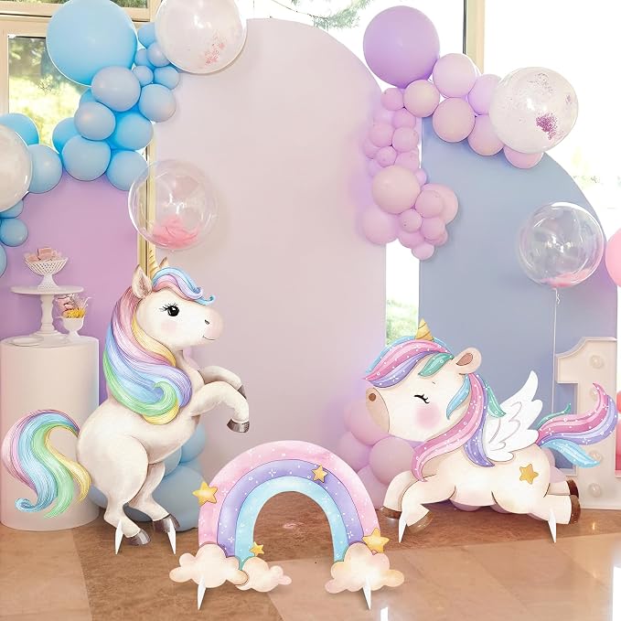3Pcs Unicorn Birthday Decorations, Large Rainbow Unicorn Cardboard Cutout Standup, Girls Baby Shower Party Signs for Photo Booth Props Backdrops Indoor Outdoor Cartoon Party Supplies
