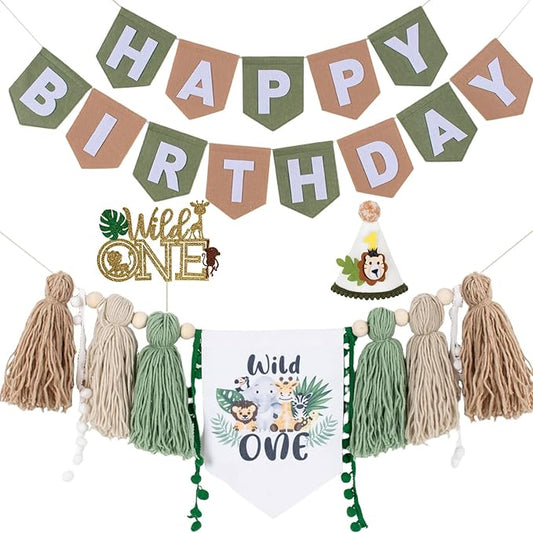 Wild One 1st Birthday Decorations For Boys-Wild One High Chair Banner For First Birthday Jungle Party Decorations With Wild One Banner Safari Cake Topper & Birthday Hat,Safari Birthday Decorations