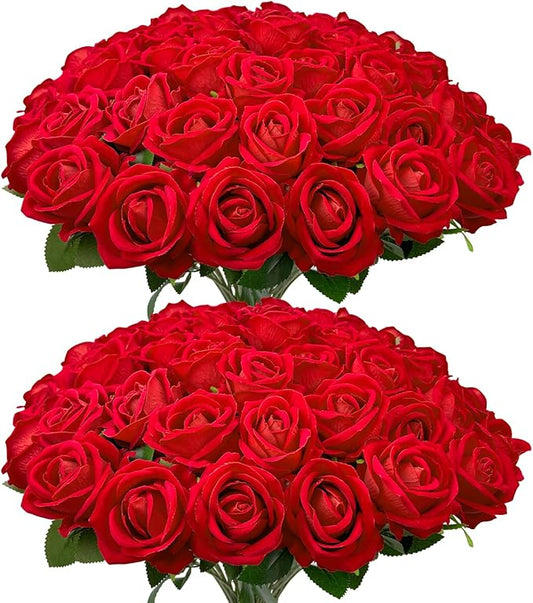 Wondrus Bulk Artificial Flowers 50 PCS, Fake Velvet Silk Red Roses with Long Stems Realistic Bouquet for Mother's Day Wedding Centerpieces, Faux Arrangement for Home Table Decor