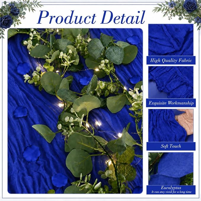 Cinrobiye 11PCS Boho Cheesecloth Table Runner Set with Rose Petals, 120'' Gauze Table Runner, Wrinkled Napkins, Eucalyptus Garland and String Lights for Wedding Baby Shower Tea Party Decorations