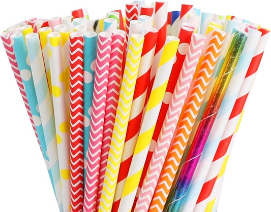 BEISHIDA 100 Pcs Biodegradable Paper Straws, Assorted Rainbow Striped Straws for Drinking, Crafts and Party Supplies
