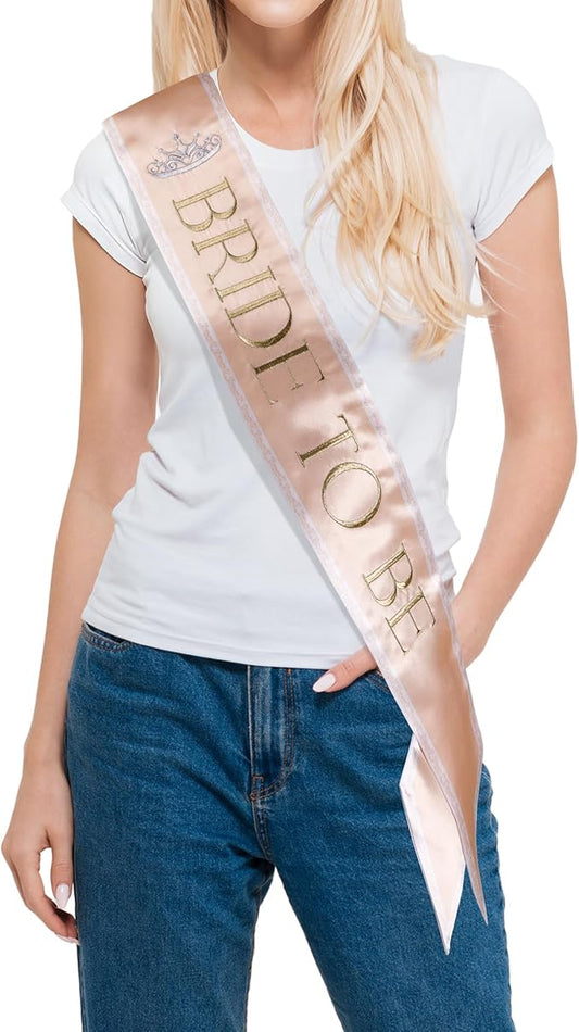 Embroidered Bride to Be Sash Double-Layer Satin Sash with Champagne Gold Trim Bridal Shower Hen Night Bachelorette Party Accessories