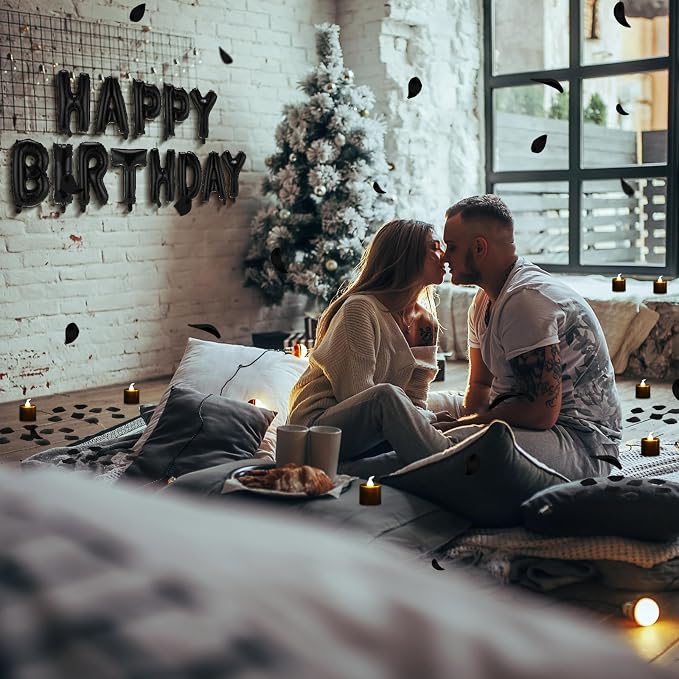 Black Happy Birthday Balloons Decorations Happy Birthday Letter Balloons Banner Set with 24pcs Round Flameless LED Candles and 2000pcs Artificial Rose Petals for Women Men Room Party Decor
