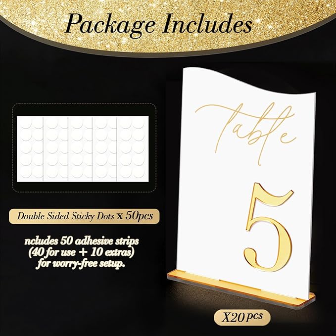 Gold Mirrored Acrylic Wedding Table Numbers 1-20 Set, Self-Standing Modern Arched Signs for Reception Seating, Anniversary & Bridal Shower, Elegant Wedding Decor (5x7 Inches)