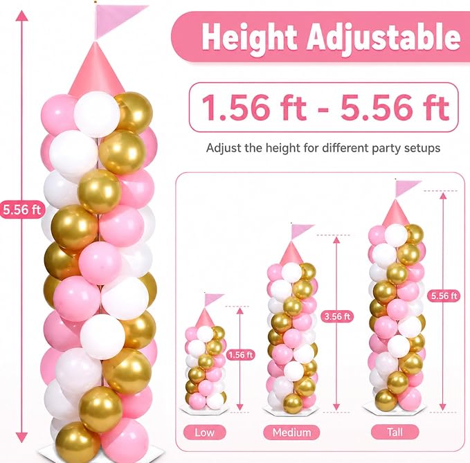 2 Sets Pink Princess Castle Balloon Column Stand Kit with 100 Balloons 2 Tricorne Hat 2 Pennant Pink White Gold Adjustable Balloon Tower Stand with Base for Princess Wedding Birthday Party Supplies