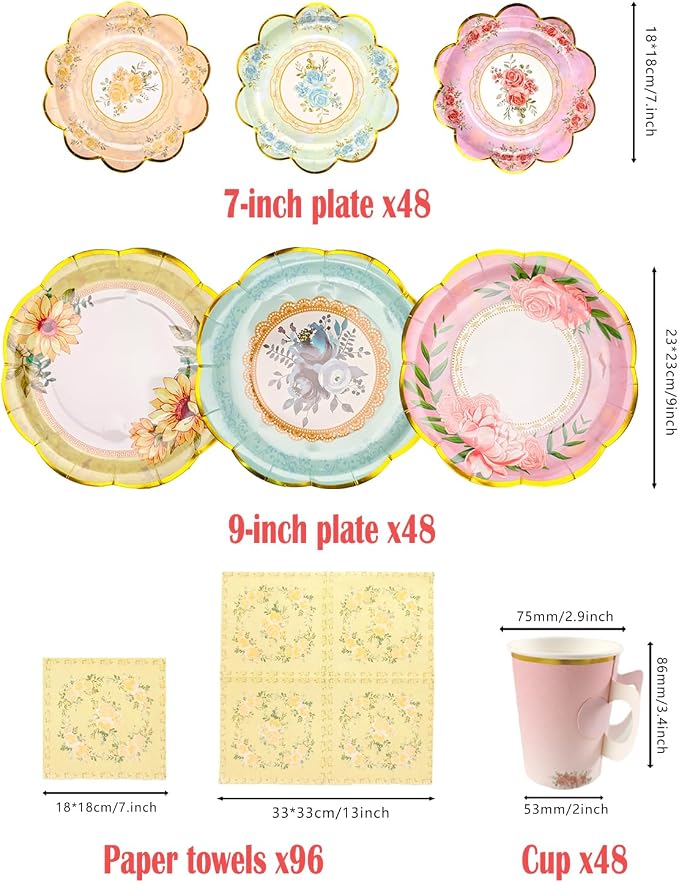 240 Pcs 48 SetsTea Party Supplies Floral Paper Tea Cups and Saucers, Disposable Teacup with Handle, 9'' ＆ 7'' Paper Plate Napkin, for Birthday, Baby Shower, Wedding Father's Day Decorations