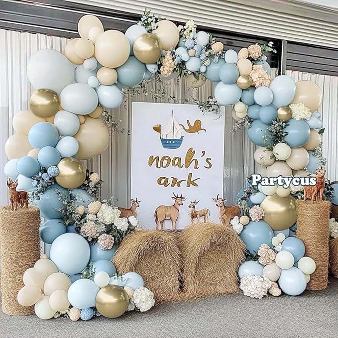 Dusty Blue White Sand Balloon Garland Double Stuffed Pastel Light Blue Cream Beige Matte Balloon Arch Kit with Gold Latex for Neutral Baby Shower Bridal Wedding Birthday Mothers Day Summer Party