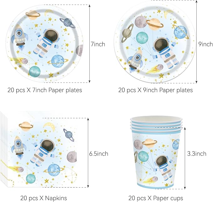 Space Themed Party Decorations,Space Party Decorations,Two The Moon Birthday-173pcs Space Supplies: Tableware & Decorations: Astronaut Plates,Cups,Napkins,Cutlery,Tablecloth,Banner,Balloons(20 Guests)