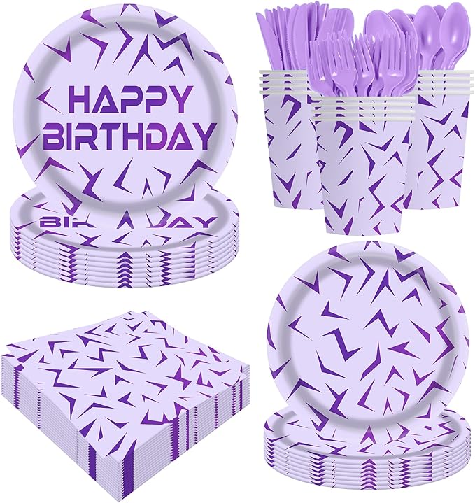 Demon Hunter Party Plates Set 140 Pieces, 20 Guests Heavy-Duty Disposable Dinnerware Set Includes Purple Holographic Laser Energy Pattern Plates, for Birthday Wedding for Party