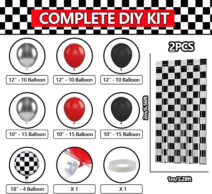 Race Car Balloon Garland Arch Kit Birthday Party Decorations, Black White Checkered Foil Fringe Curtains Backdrop Tinsel Streamer Photo Booth Props Racing One Happy Dude Party Decor Favors Supplies