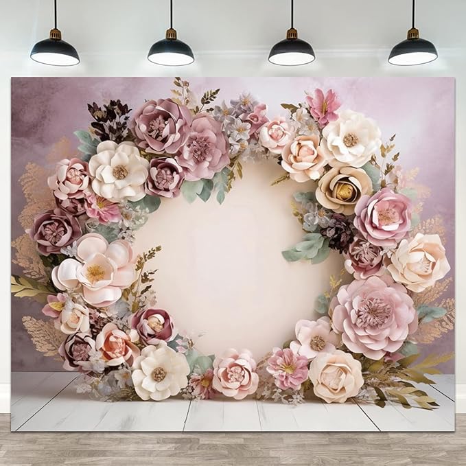 5x3ft Wedding Backdrop Purple Pink Floral Theme Photography Background White Flower Garland Green Leaves Bridal Shower Banner Decorations Girls Birthday Party Baby Portrait Photo Booth Prop