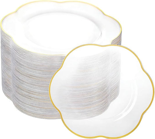 Liacere 100PCS Clear Plastic Plates-7inch Disposable Floral Clear and Gold Appetizer Cake Small Plates - Perfect for Wedding & Party & Holiday & Floral & Baby Show