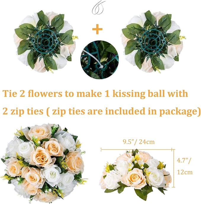Flower Balls Wedding Flower Centerpieces: 6 Pcs Fake Roses with Base Table | Champagne White Artificial Floral Arrangements Decorations - Faux Silk Kissing Flower Bouquet of Roses Home Party DIY Decor