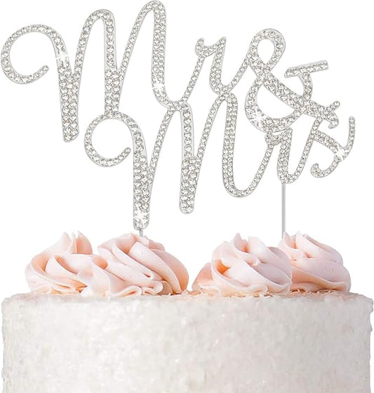 Mr and Mrs Wedding Cake Topper - Premium Silver Metal - Sparkly Wedding Bridal Shower or Anniversary Cake Topper - Now Protected in a Box