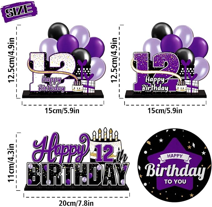 LINGTEER Happy 12th Birthday Purple Acrylic Table Topper Centerpieces Set - Cheers to Twelve Years Old Birthday 12th Bday Party Gift Decorations.