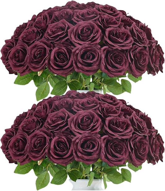 50pcs Roses Artificial Flowers Bulk,Burgundy Fake Roses Silk Flower with Stems Realistic Flowers for Wedding Centerpiece Home Party Decor