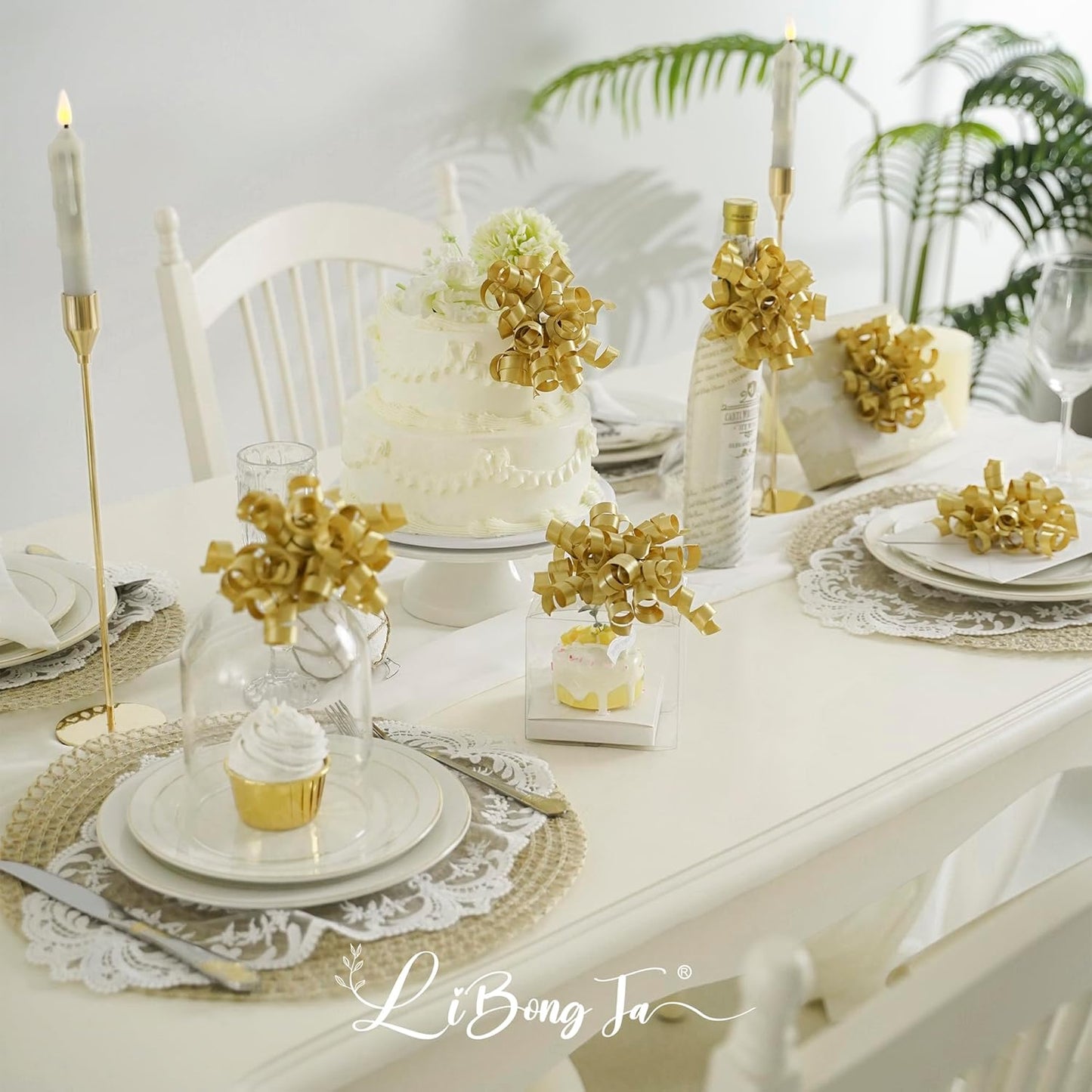 5 Inch Gold Bows Curly Ribbon Bows for Gift Wrapping, Satin Bows with Double-Sided Tape, Self Adhesive Bows for Party, Wedding, Birthday Decor, Premade Bows for Crafts, Wine Glasses-8 PCs