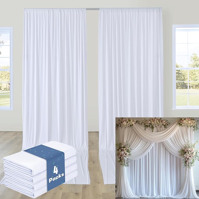 20FTx12FT White Wrinkle-Free Wedding Backdrop Curtain -Silky Washable White Polyester Drapes for Baby Showers, Birthday Parties, Photography, and Wedding Receptions-4 Panels 5FTx12FT