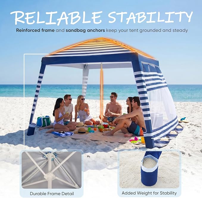 Sekey Beach Cabana - 8x8 FT Easy Setup Beach Shade Canopy UPF 50+ Sun Shelter with Sandbag & Side Wall, Large Portable Outdoor Tent for Family, Navy Stripe