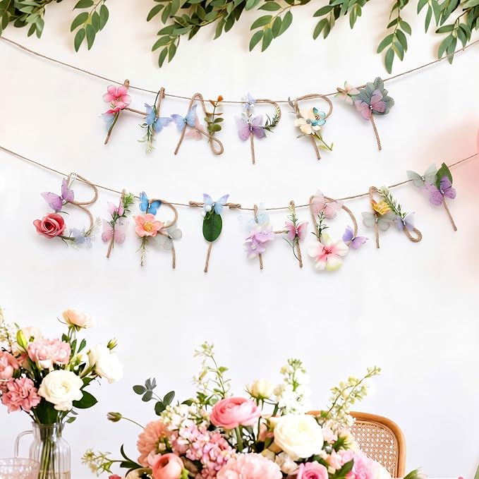 Norme 2 Pcs Butterfly Birthday Banner Decorations for Women Metal 3D Butterfly Wildflower Happy Birthday Garland Garden Spring Tea Fairy First Party Decorations for Sweet 16 21st 13th 18th 30th 40th