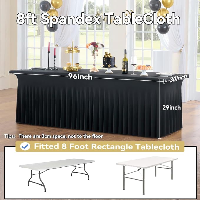 8 pk Black Spandex Tablecloth 8ft with Ruffled Skirt,Wrinkle Free High Stretch Fitted Tablecloths for 8 Foot Rectangle Tables,Pleated Elastic Spandex Table Covers 6ft for Parties Wedding Banquet