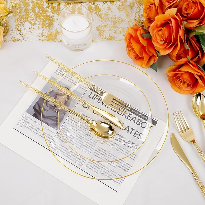Liacere 150PCS Clear Gold Plastic Plates - Gold Plastic Silverware with Glitter Handle - Clear Disposable Plates Include 30 Guests Plates, Forks, Spoons, Knives for Wedding & Party