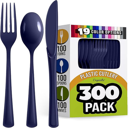 Party Solids Navy Plastic Silverware Heavy Duty 300 Pieces Navy Disposable Silverware Heavy Duty, Utensil Sets, 100 Of Each Forks, Knives & Spoons Disposable Cutlery Set For Party Supplies