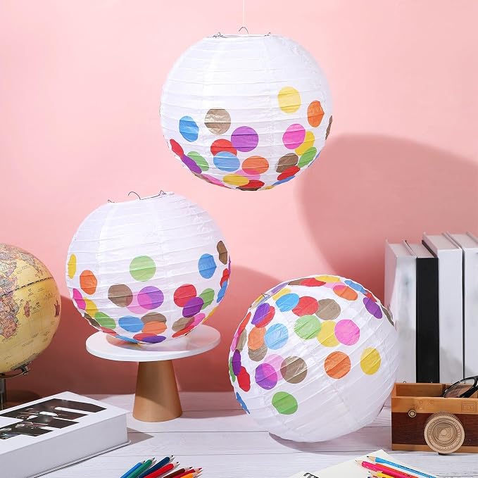 Retisee 12 Pcs 10 Inch Hanging Paper Lanterns Party Decorations Pastel Classroom Decor for Birthday Back to School Party Decoration for Classrooms Wedding Birthday Ceilings(Classic Color,Dots)
