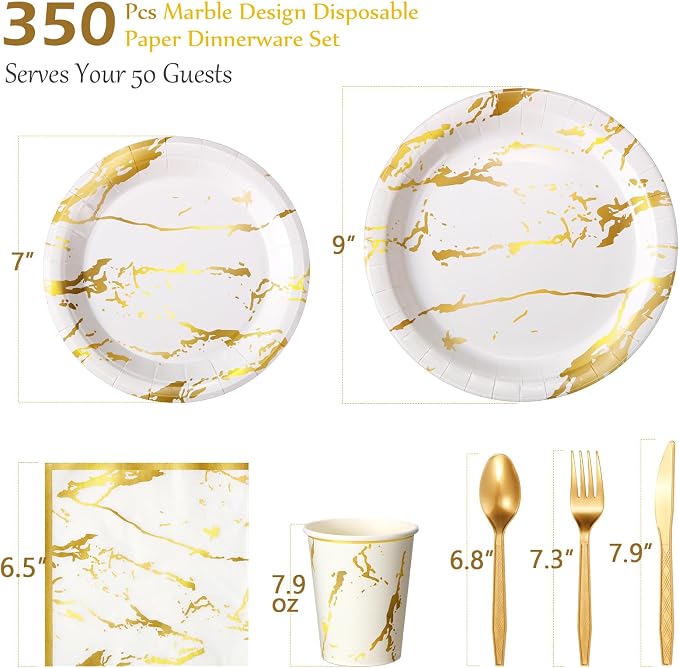 Bokon 350 Pcs Gold White Party Supplies Disposable Dinnerware Set Include 100 Plates 50 9 oz Paper Cup 50 Sets Spoon Fork Knives 50 Napkin for 50 Guests Wedding Birthday Valentines Party Decoration