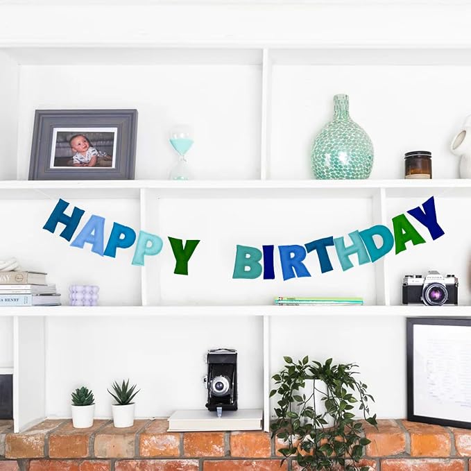 Pre-Strung Happy Birthday Banner - Felt Ball Garland, Rainbow Party Decorations, HAPPY BIRTHDAY Garland, Personalized Birthday Sign for Birthday Decor, Party Decor, Photo Prop (Blue Happy Birthday Banner)