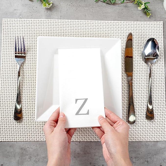 Luxenap 15.8 X 7.9 Inch Linen-Feel Guest Towels, 2000 Lettered Hand Towels - Silver Letter 'Z', Sans Serif Font, White Paper Dinner Napkins, airlaid, For Restrooms And Tables - Restaurantware