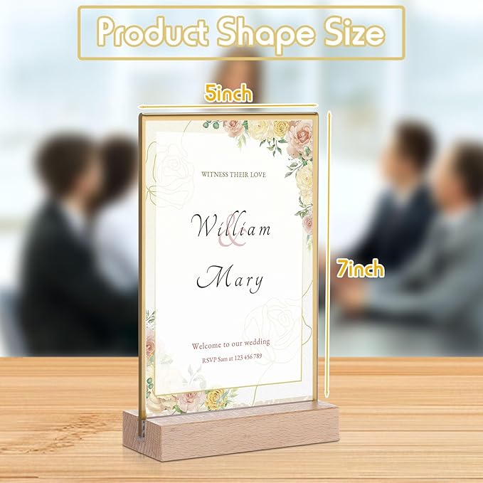 Vinsot 16 Pack 5x7 Inch Gold Acrylic Sign with Base T Shape Sign Holder Vertical Blank Stands Desktop Display Plastic Menu Frame Double Sided Stand for Wedding Restaurant Party Decor