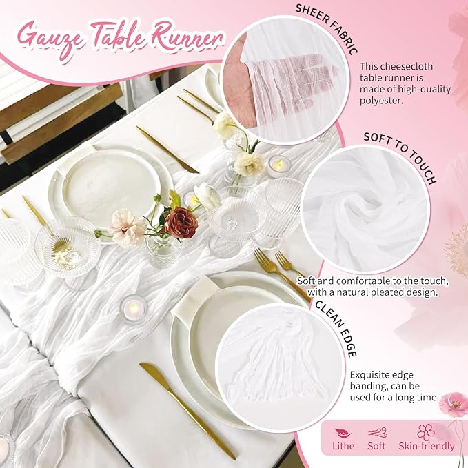 30 Pack White Cheesecloth Table Runner 17 x 108 inch Boho Gauze Table Runner Rustic Sheer Cheese Cloth Table Decorations for Wedding Party Baby Bridal Shower Birthday Holiday Home