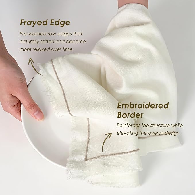 Linen World Dish Towels Set of 4, 20 x 28 Inch Linen Blend Kitchen Towel, Frayed Edge, Embroidered Border, Absorbent Large Tea Towels-Cream