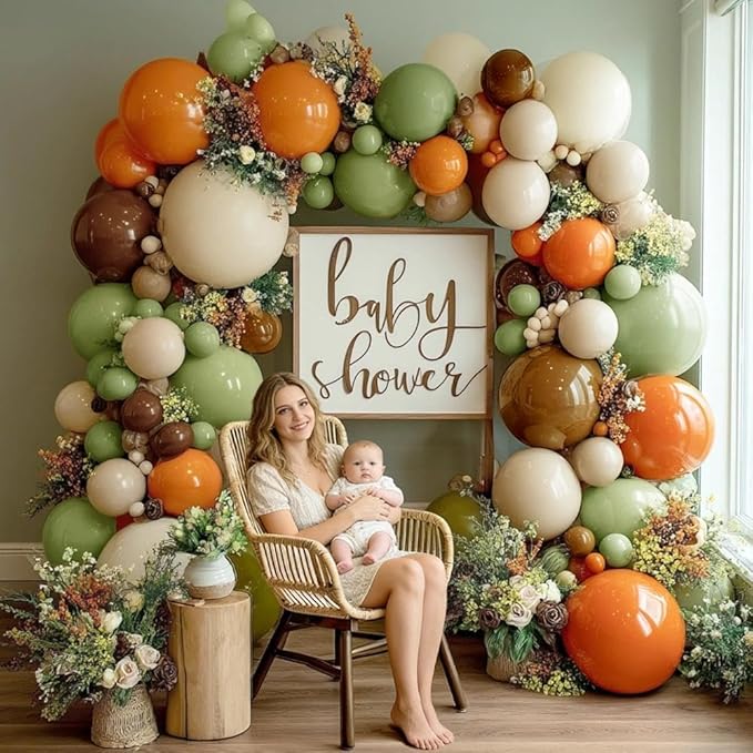 Green Brown Orange Balloon Garland Double Stuffed Sage Green White Sand Cream Balloon Arch Kit for Birthday Baby Shower Dinosaur Woodland Wild One Party Decorations