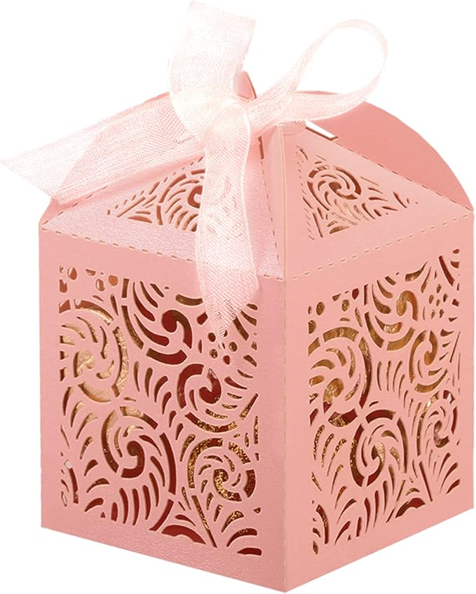 COTOPHER 60Pcs Laser Cut Favor Boxes, 2x2x2.75in Small Gift Boxes for Presents, Party Wedding Favors Boxes with Ribbon, Mini Candy Boxes for Event Bridal Shower Anniversary Birthday Christmas, Pink