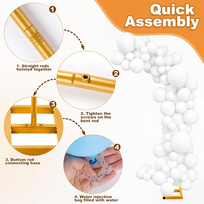 Balloon Arch Stand Kit Set with 145PCS Different Sizes White Balloons – Metal Backdrop Frame with 8 Water Bags, Gold Semi-Open Arch for Birthday, Bridal Shower, Party Decorations Indoor Outdoor.