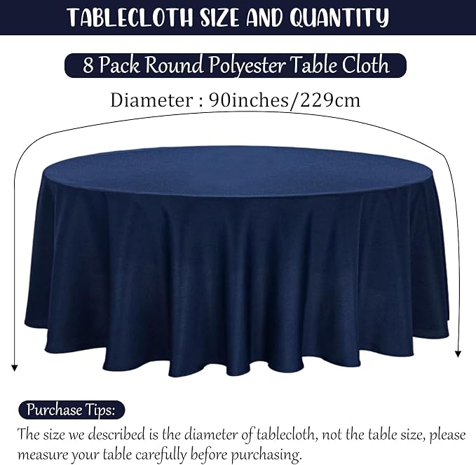 Fivenl 8 Pack Premium Round Tablecloth 90 Inch Round Table Covers Washable Polyester Fabric Round Table Clothes for Wedding Party Reception Banquet Buffet Restaurant (Navy Blue, 90 Inch)