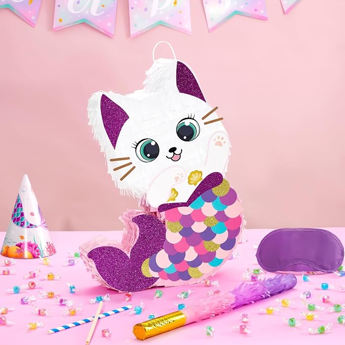 WERNNSAI Cat Piñata - Kitten Mermaid Birthday Party Decorations Kids Mermaid Piñata with Blindfold and Bat for Girls Summer Under the Sea Birthday Party Supplies Game Set